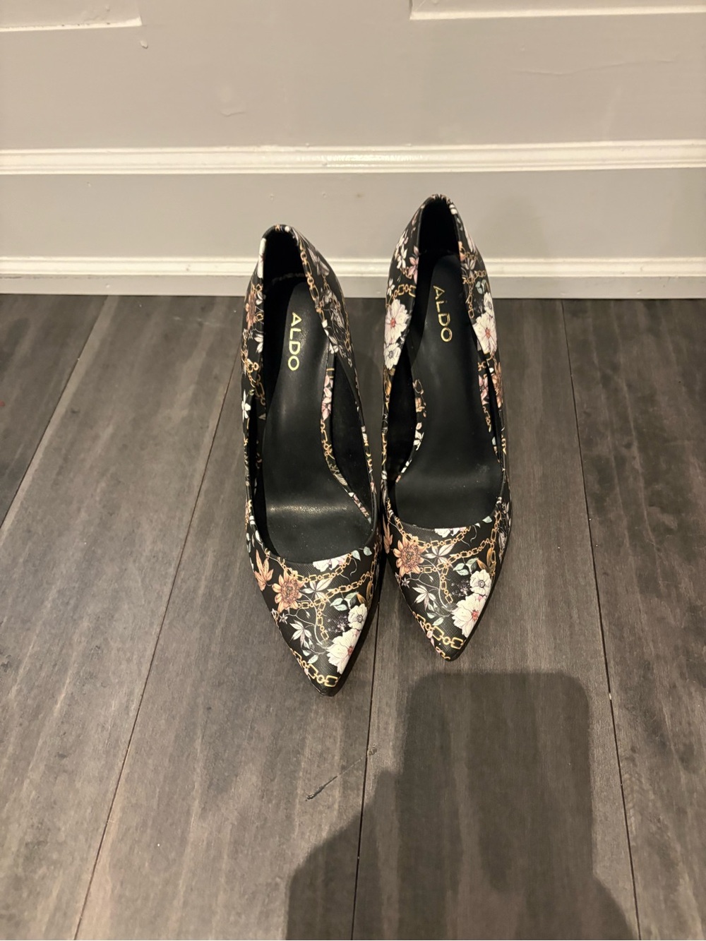 Aldo Black Floral Pointed Toe Heels with Pink and Cream Accents